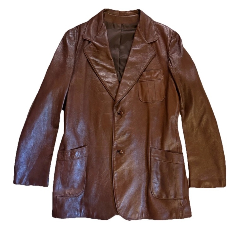 Peter Caruso Vintage Mens Leather 2 Button Jacket Medium Brown Size 48